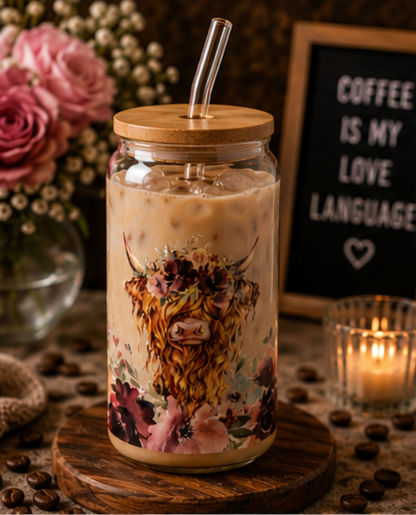 🌸 Cute Highland Cow Floral Glass Cup