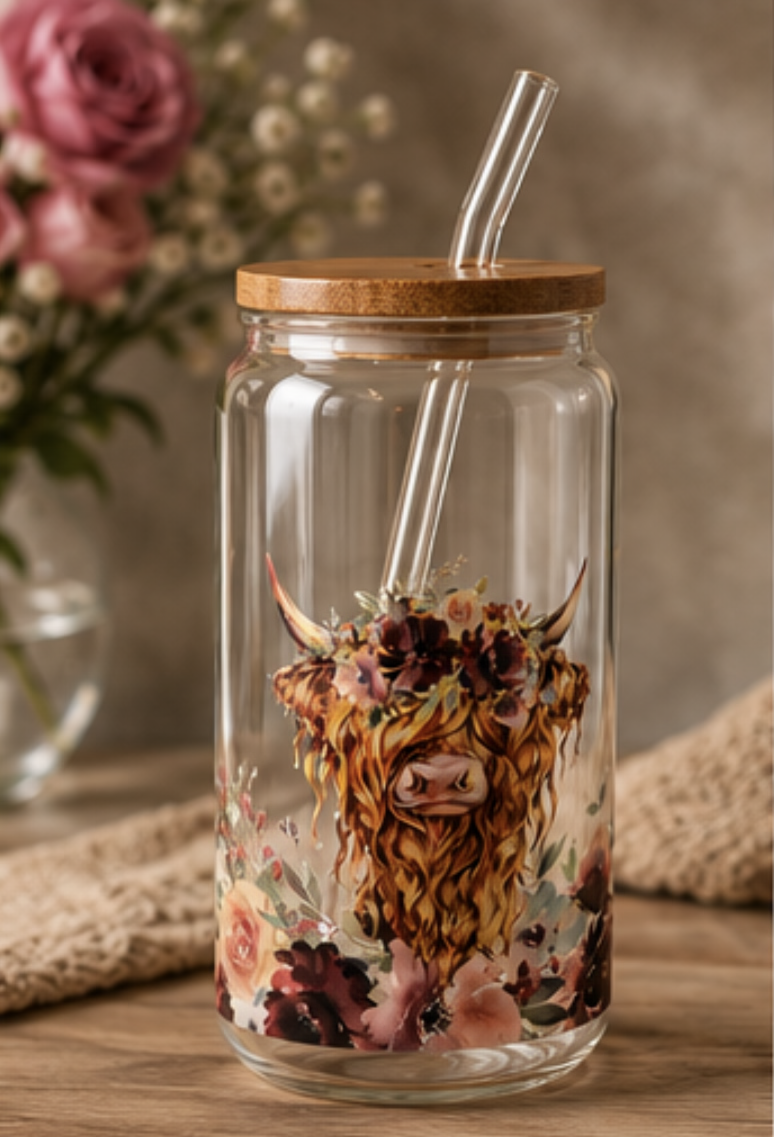 🌸 Cute Highland Cow Floral Glass Cup