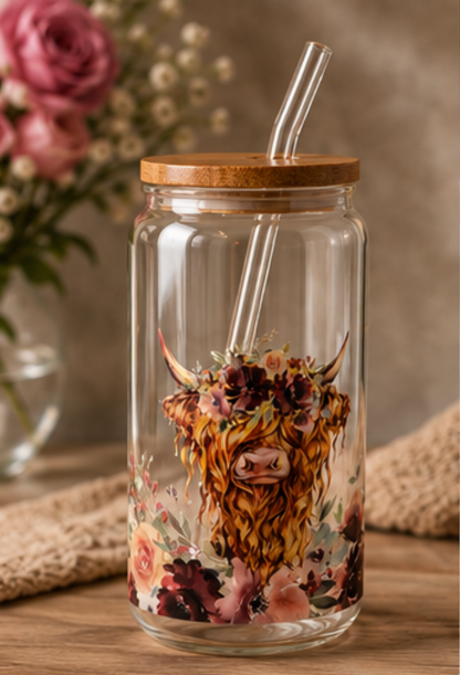 🌸 Cute Highland Cow Floral Glass Cup