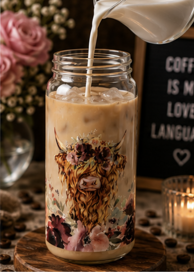 🌸 Cute Highland Cow Floral Glass Cup