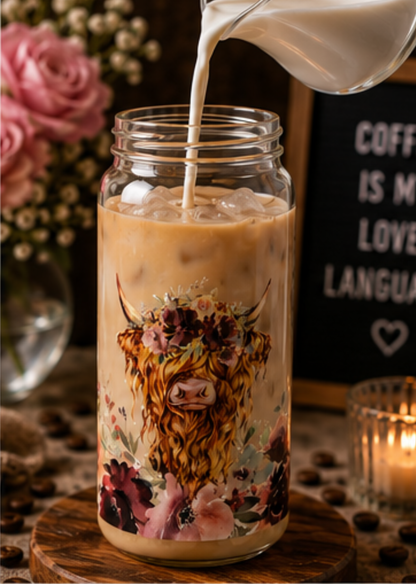 🌸 Cute Highland Cow Floral Glass Cup