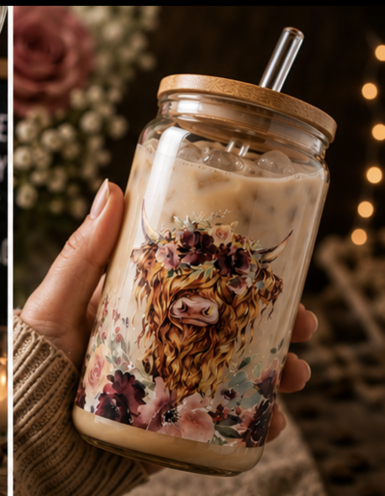 🌸 Cute Highland Cow Floral Glass Cup