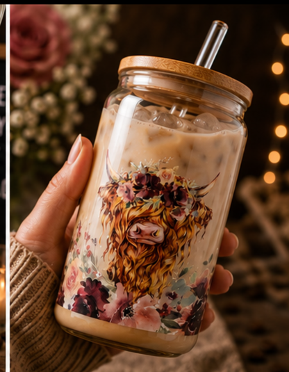 🌸 Cute Highland Cow Floral Glass Cup