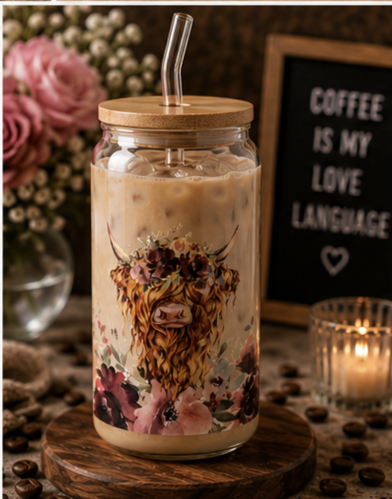 🌸 Cute Highland Cow Floral Glass Cup