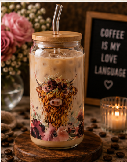 🌸 Cute Highland Cow Floral Glass Cup
