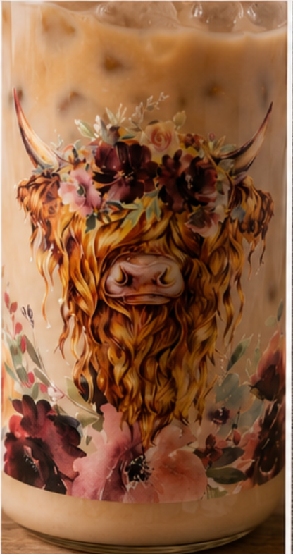 🌸 Cute Highland Cow Floral Glass Cup