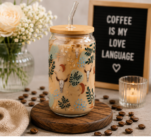 🤠 Boho Longhorn Glass Can Cup – 16oz Western Aesthetic Iced Coffee Tumbler edi