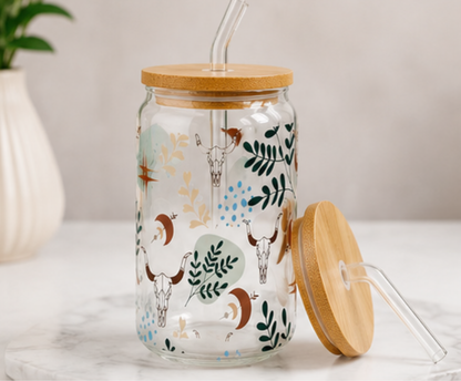 🤠 Boho Longhorn Glass Cup – 16oz Western Aesthetic Iced edi