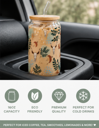 🤠 Boho Longhorn Glass Cup – 16oz Western Aesthetic Iced edi