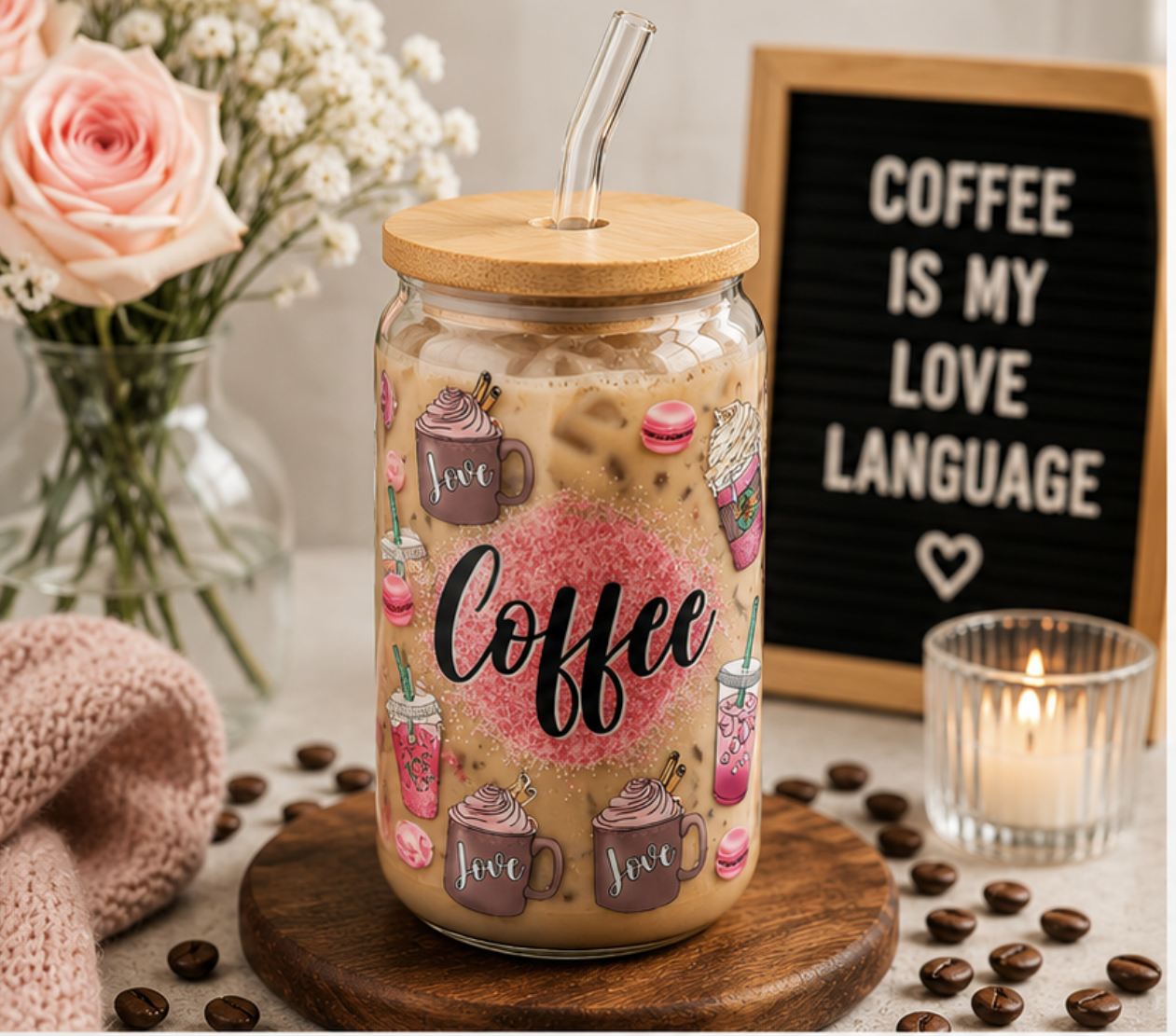 ☕ Coffee  Glass Can Cup – 16oz Pink Aesthetic Iced Coffee Tumbler edi
