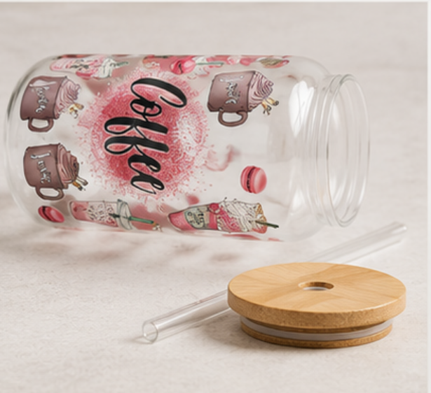 ☕ Coffee  Glass Can Cup – 16oz Pink Aesthetic Iced Coffee Tumbler edi