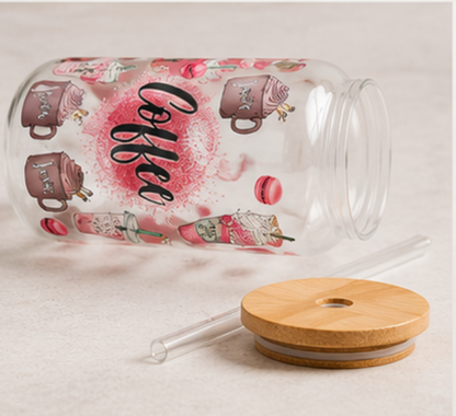 ☕ Coffee  Glass Can Cup – 16oz Pink Aesthetic Iced Coffee Tumbler edi