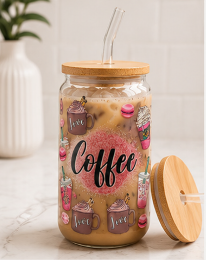 ☕ Coffee  Glass Can Cup – 16oz Pink Aesthetic Iced Coffee Tumbler edi