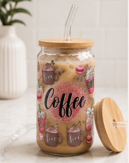 ☕ Coffee Lover Glass Can Cup – 16oz Pink Aesthetic Iced Coffee Tumbler edi