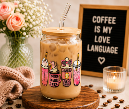 💖 Cute Boss Babe Fuel Glass Can Cup – 16oz Pink Coffee Lover Tumbler