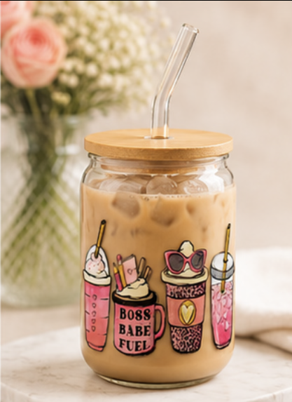 Cute Boss Babe Fuel Glass Cup – 16oz Pink