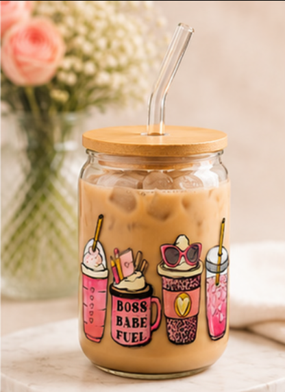 Cute Boss Babe Fuel Glass Cup – 16oz Pink