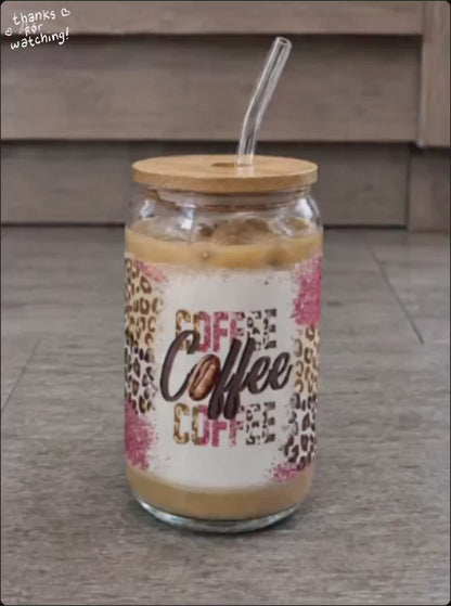 16oz Glass Coffee Can Cup with Bamboo Lid and Glass Straw, Iced Coffee Beverage Container